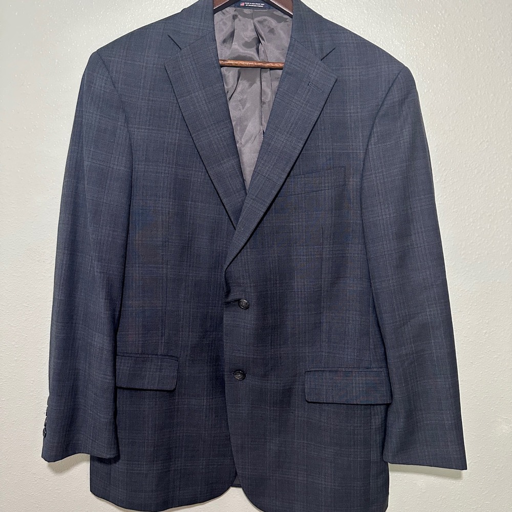Hart Schaffner Marx Mens 42R Worsted Wool Blazer Navy Blue Plaid Sport Coat USA
